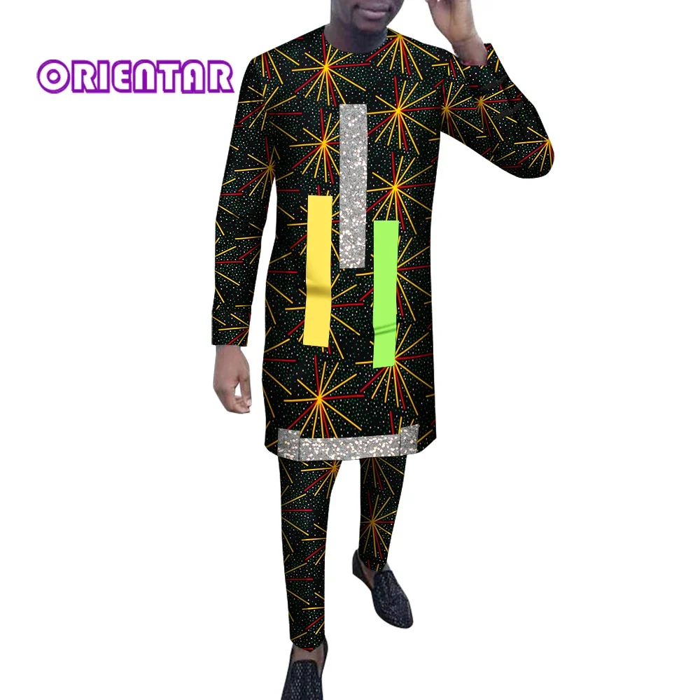 African Clothing Men\'s Print Set Long Shirts+Trousers Custom Made Ankara Fashion Male Groom Suits African Clothes Party WYN1554