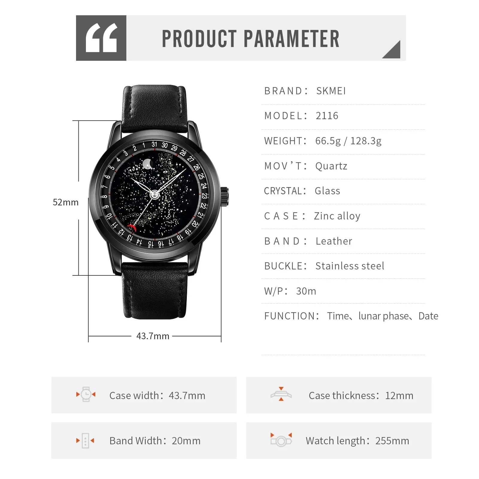 SKMEI 2116 Mens Casual Genuine Leather Strap Date Wristwatch reloj hombre movement Fashion Starry Sky Moon Phase Watches