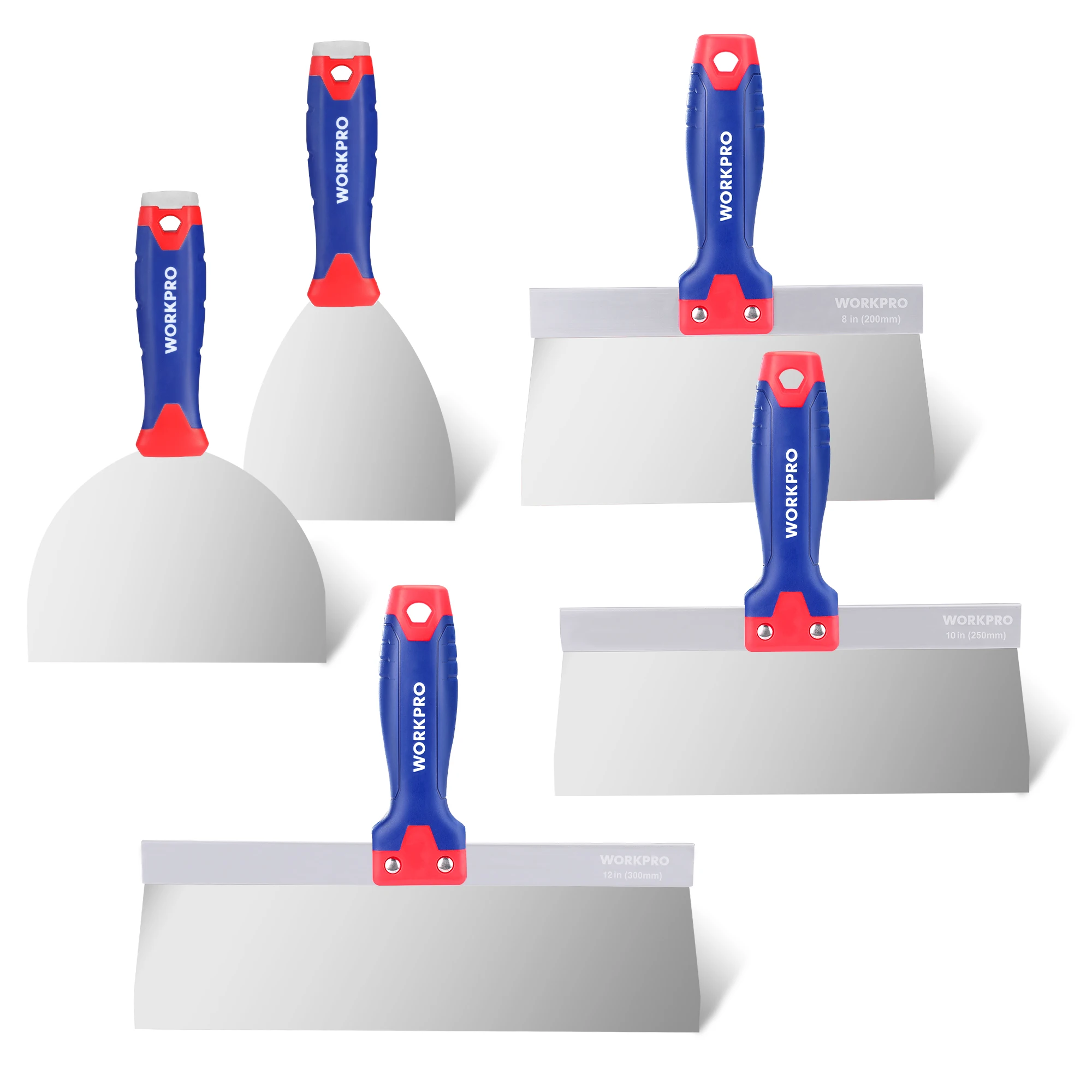 Drywall Knife Set Stainless Steel Taping Knife Putty 4" 6" 8" 10" 12" Blades and Alloy Metal Hammer