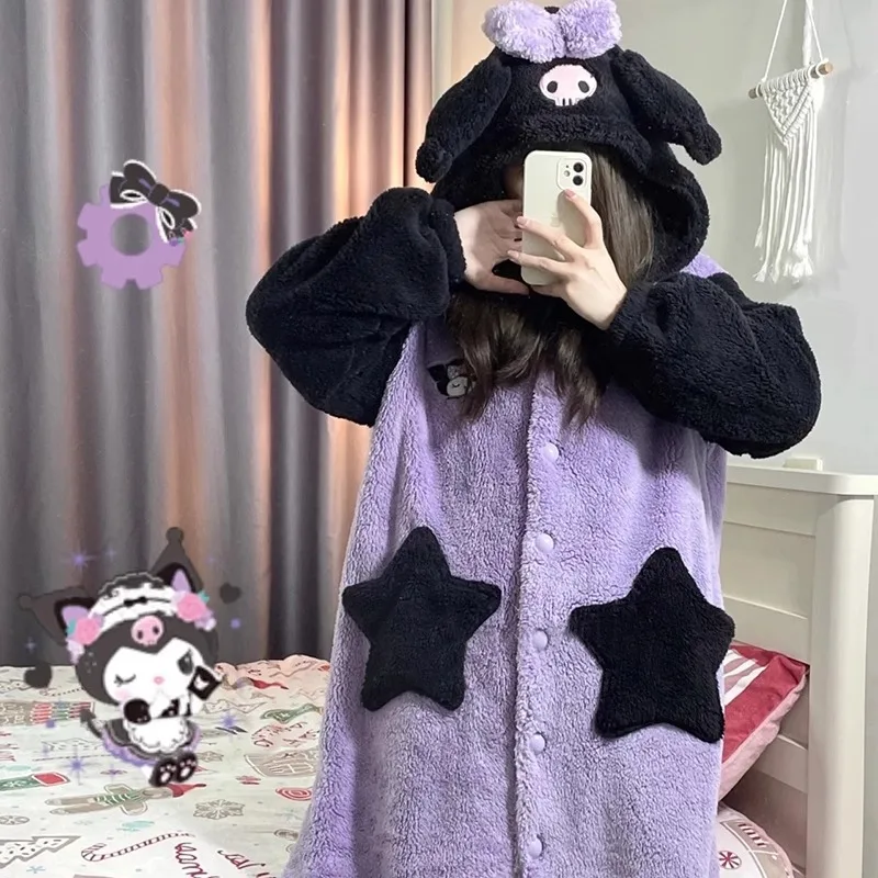 MINISO Sanrio Kuromi Robes Cosplay Costume Women Kigurumi Adult Onesie Anime Nightgown Halloween Pajamas