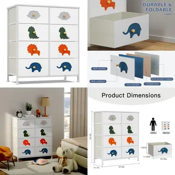 Kids Dresser with 8 Fabric Drawers – Tall Bedroom Storage Organizer with Wood Top & Metal 1