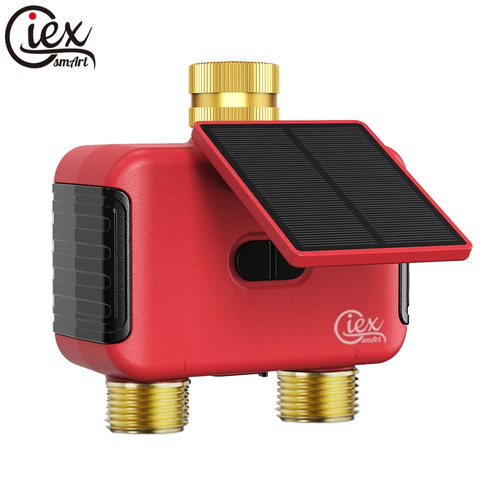 WLAN Solar Aufladbarer Intelligenter Bewässerungstimer, 2-Zonen Schlauch-Wassertimer, Doppelausgang, Messing Ein- & Ausgang, App/Alexa/Google