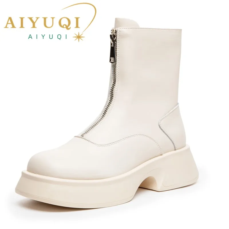 AIYUQI Women's Chelsea Boots Genuine Leather Fashion Fur Winter Boots Women Front Zipper British Style Women's Short winter boots ankle boots