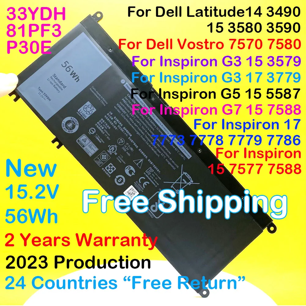 Portátil para Dell Inspiron 17 7773 7778 7779 7786 15 7588 7577 Vostro 7570 7580 Série P30e 99nf2 Pvht1 15.2v 56wh 33ydh-bateria do