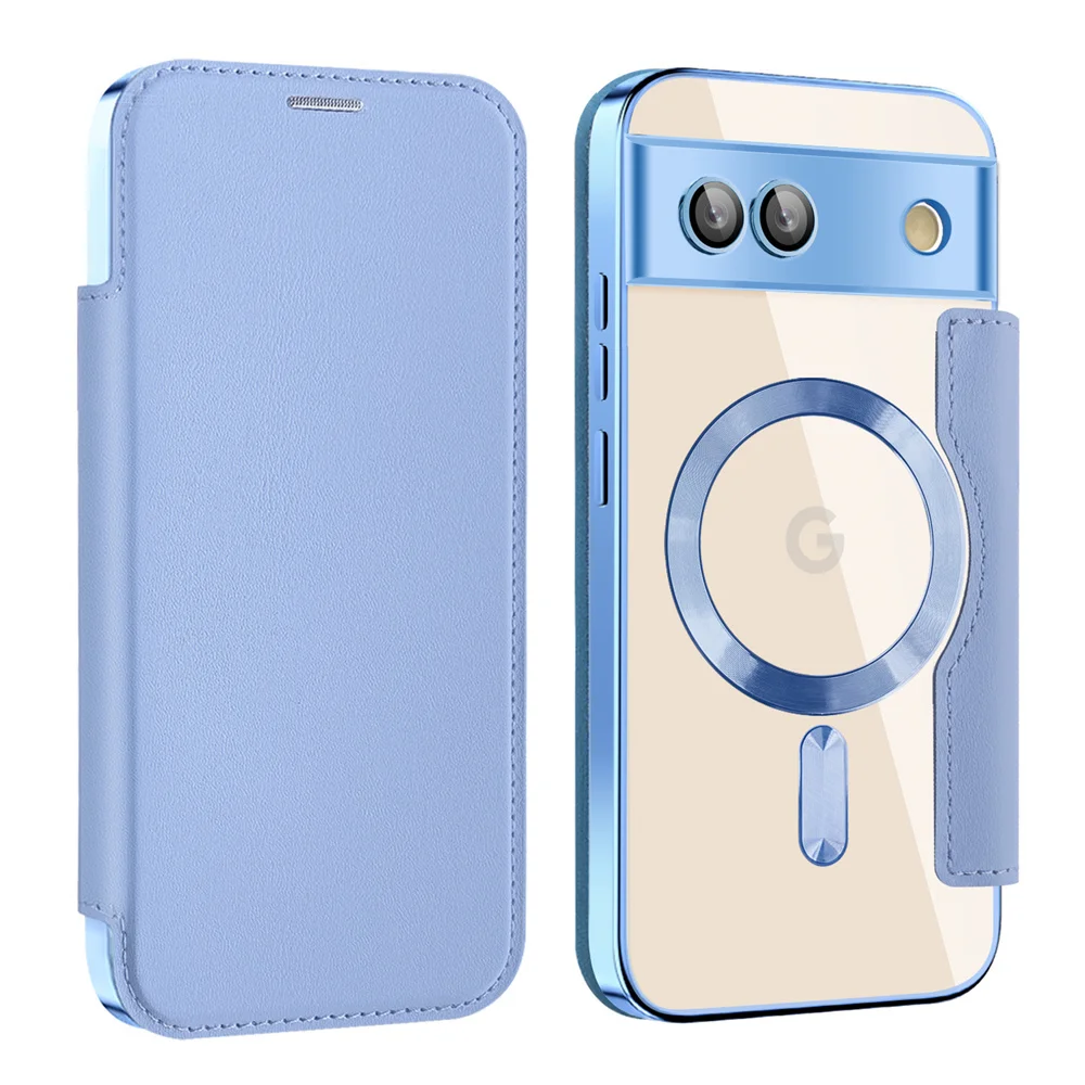 Luxury Leather Magnetic Wallet Card Clip Phone Case with Clear Cover and Wireless Charging Capability