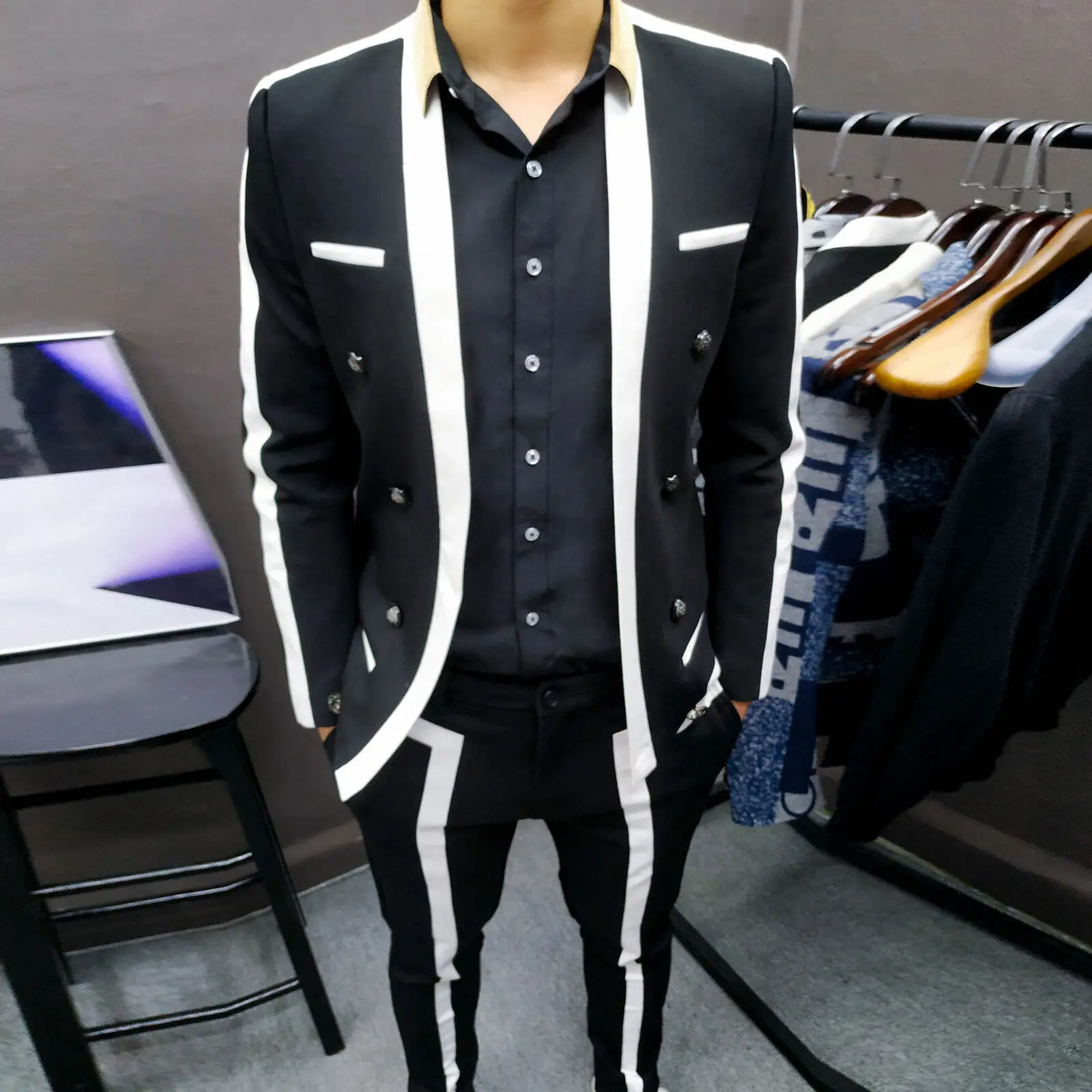Trajes De Hombre Contrast Stripe Blalck White Suit Male Wedding Groom Suit Spring Disguised Men Slim Stage Outfit Men Party