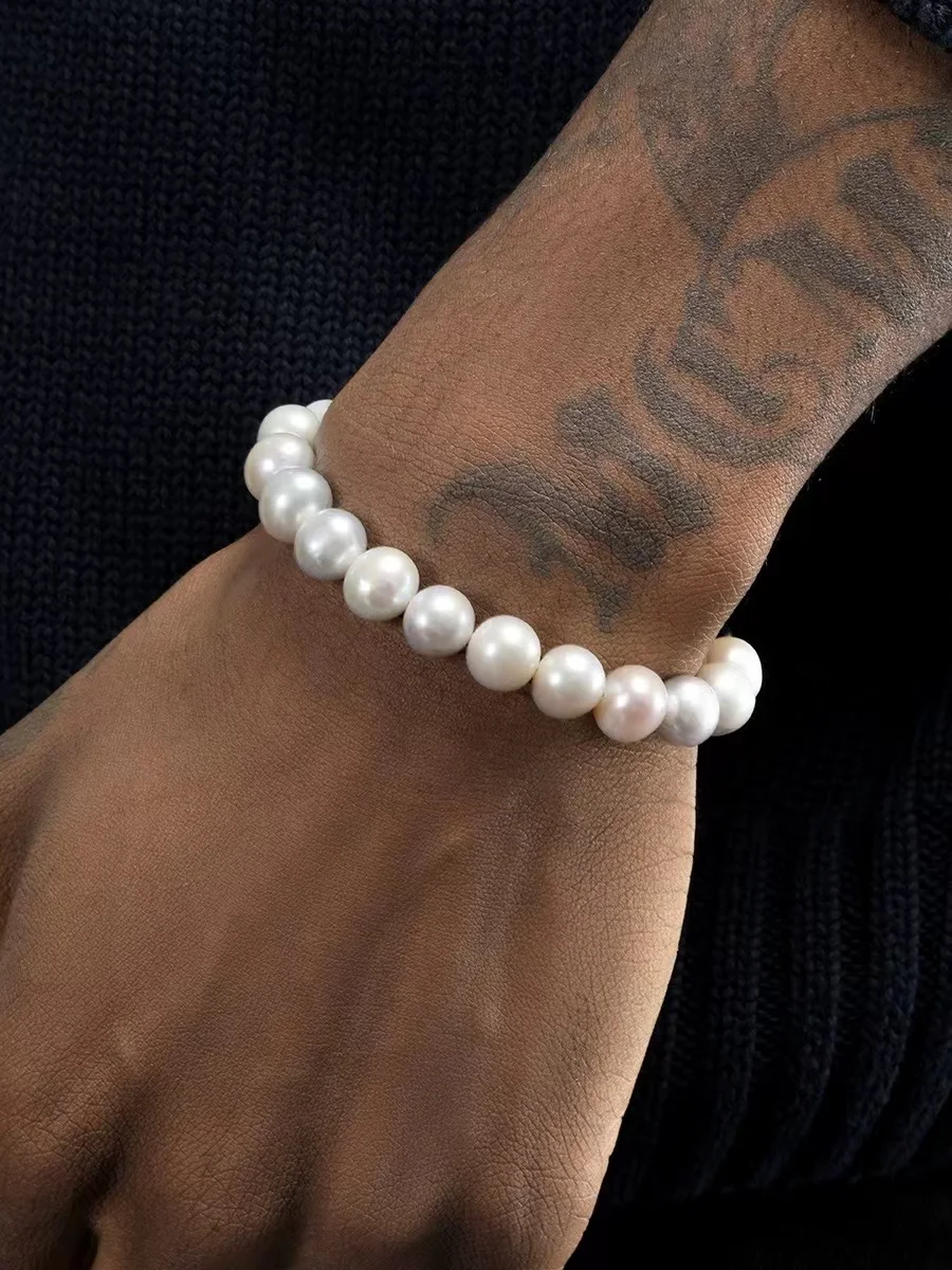 10mm Elastic Imitation Pearl Bracelet for Men Simple White Acrylic Bracelet For Women Hip Hop Fashion Jewelry Accessories 4