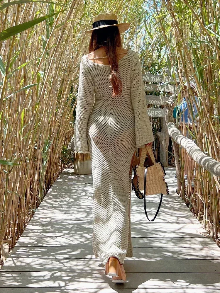 Solid Colour Beach Maxi Dress 2026 Women Summer Sexy Knit Flared Long Sleeve Slit Cut Out Swimsuit Cover Up Holiday Outfits K120 4