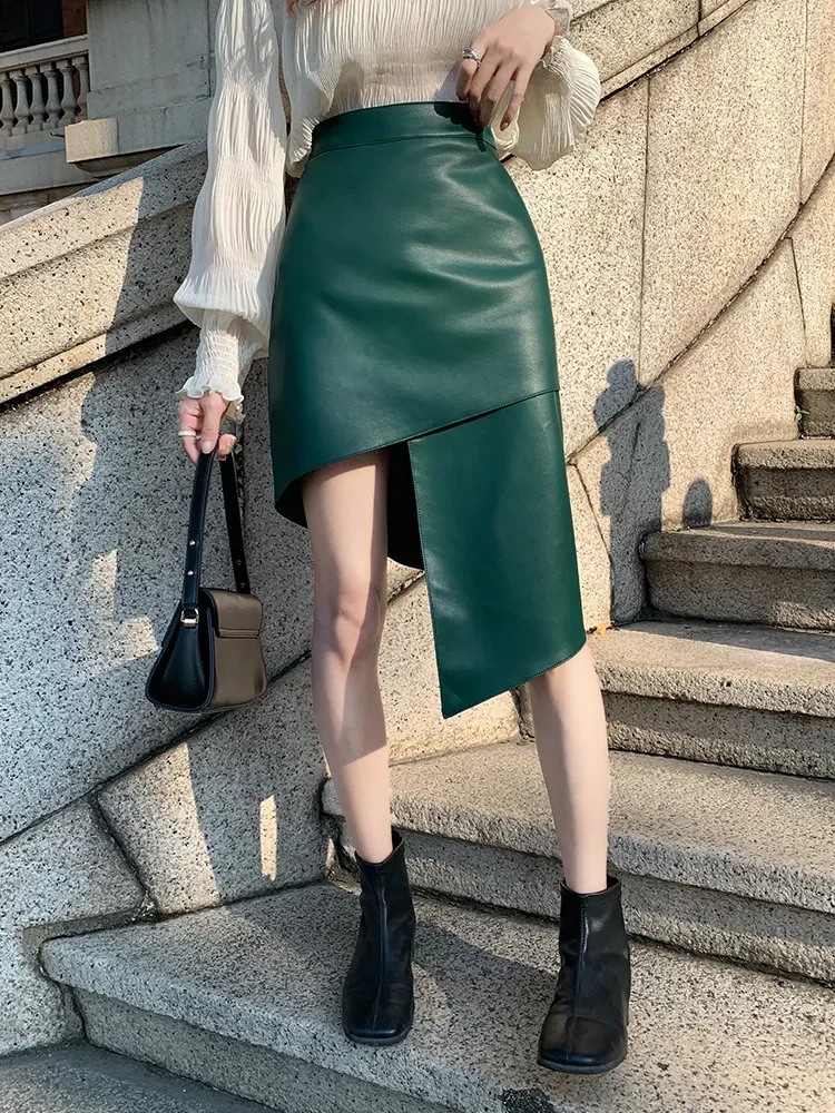 Genuine Leather Sheepskin High Waisted Irregular Skirt 2023 New Women Clothing Slim A-line Wrap Buttocks Leather Skirt Clothing