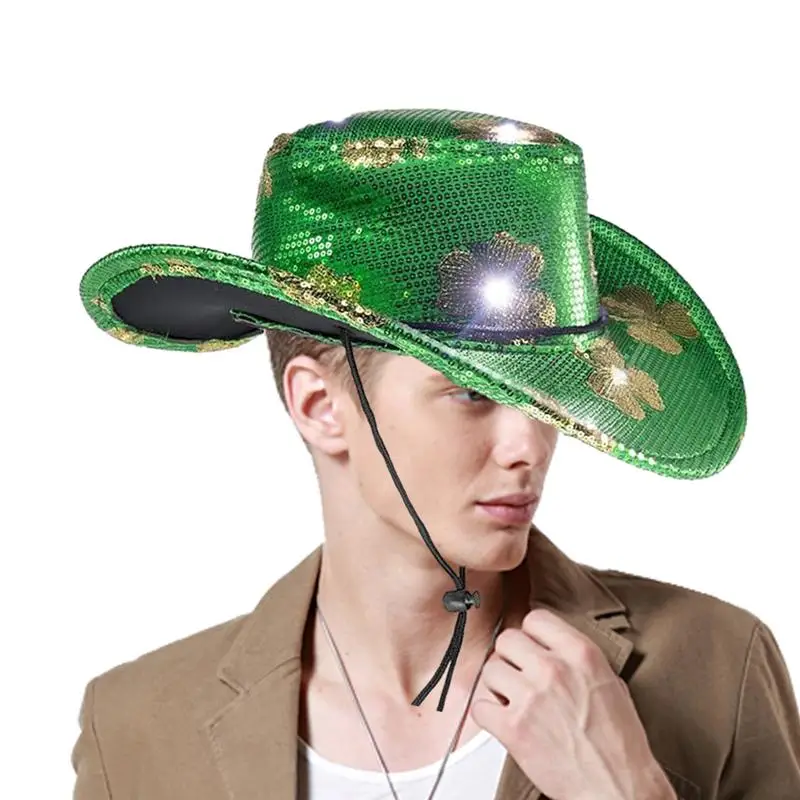 

St Patrick's Day Cowboy Hat LED Shamrock Hat Glitter Sequin Shamrock Hat Mardi Gras Party Irish Cowboy Fun Festive Accessory