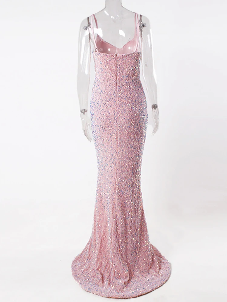 Victorias vogue Elegant Pink Slip Sequin Evening Dress V Neck Front