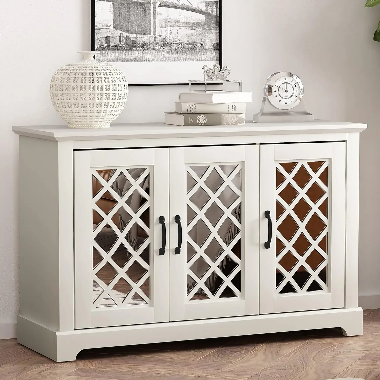

3 Door Sideboard with Acrylic Mirrors, Kitchen Buffet Cabinet, Farmhouse Coffee Bar Display Cabinet for Home Kitchen