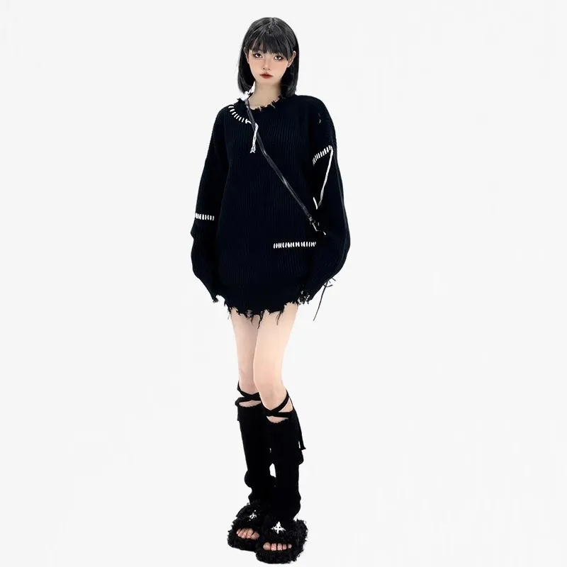 Fashion Niche Lazy Loose Irregular Tassels Black Ripped Sweater Women Jumpers Vintage Casual O Neck Long Sleeve Hole Knit Top
