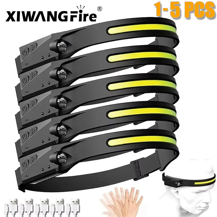 Lot de lampes frontales LED rechargeables avec 5 modes pour pêche et camping capteur de mouvement
