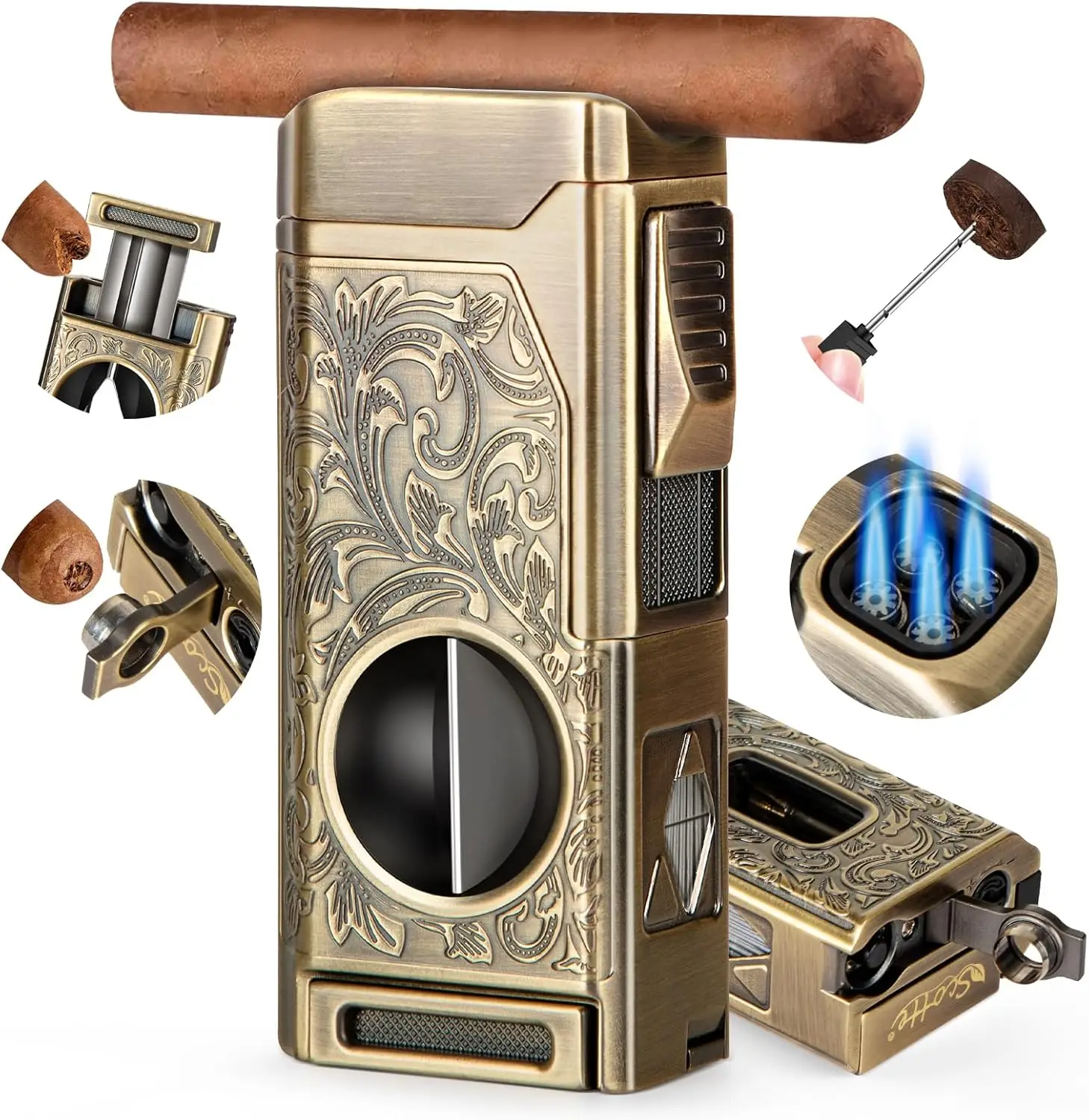 Cigar Lighter 4 Jet Flame Refillable Butane Lighter with Cigar Cutter V Cut Punch Holder Draw Enhancer butane gas lighter