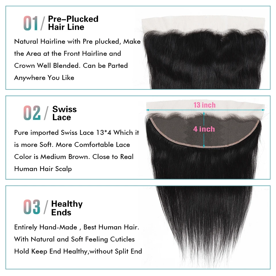Human Hair Bundles 3 Bundles with 13&times;4 Lace Closure Straight Brazilian Virgin Remy Human Hair