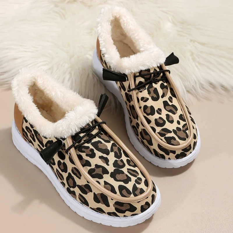 Leopard Print Cotton Shoes Women's Winter Flat Bottom Round Toe Snow Boots Lightweight Large Size Shoes Botas De Invierno Mujer