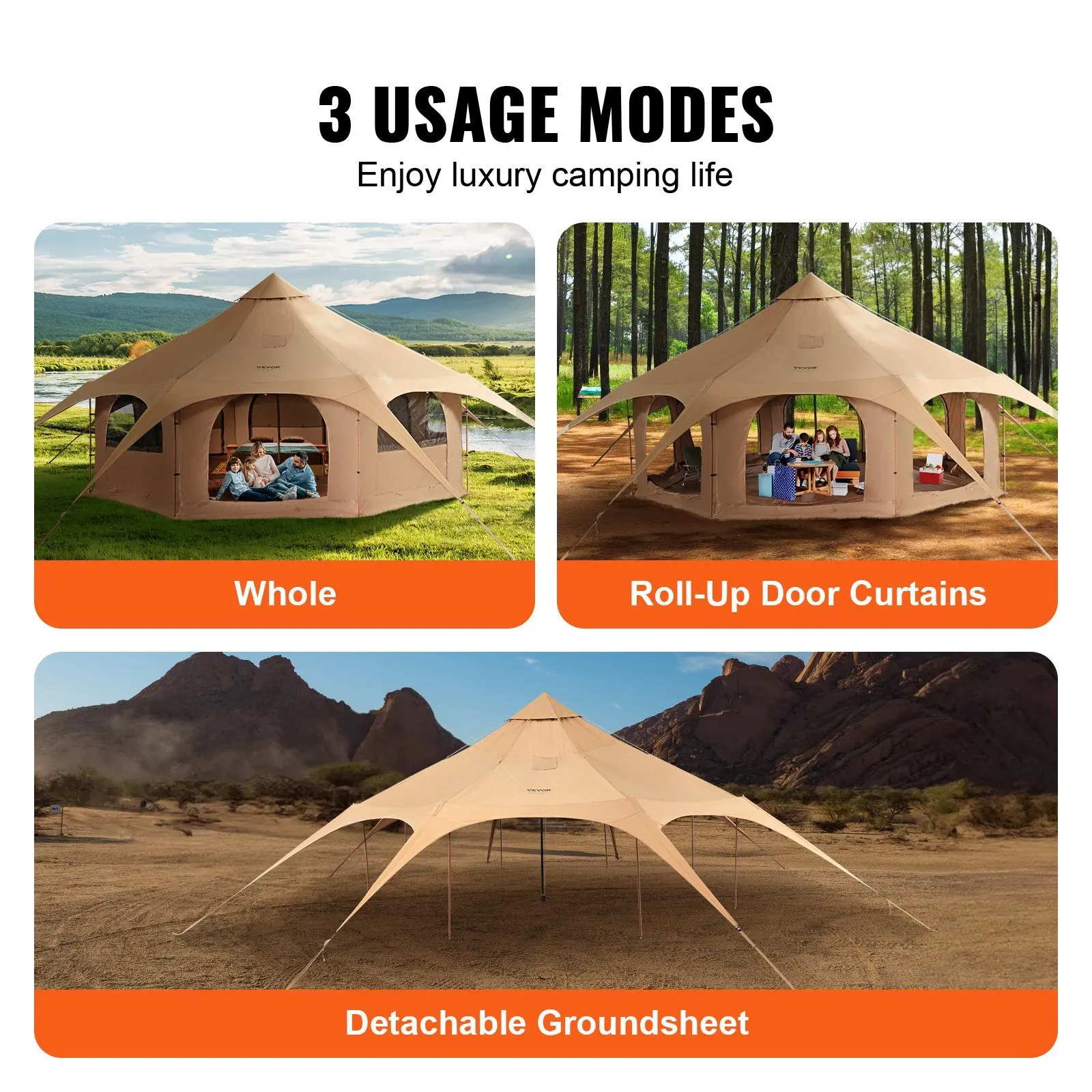 Canvas Tent, 4 Seasons 5 m/16.4 ft Bell Tent, Canvas Tent for Camping with Stove Jack, Breathable Yurt Tent for up to 8 People,