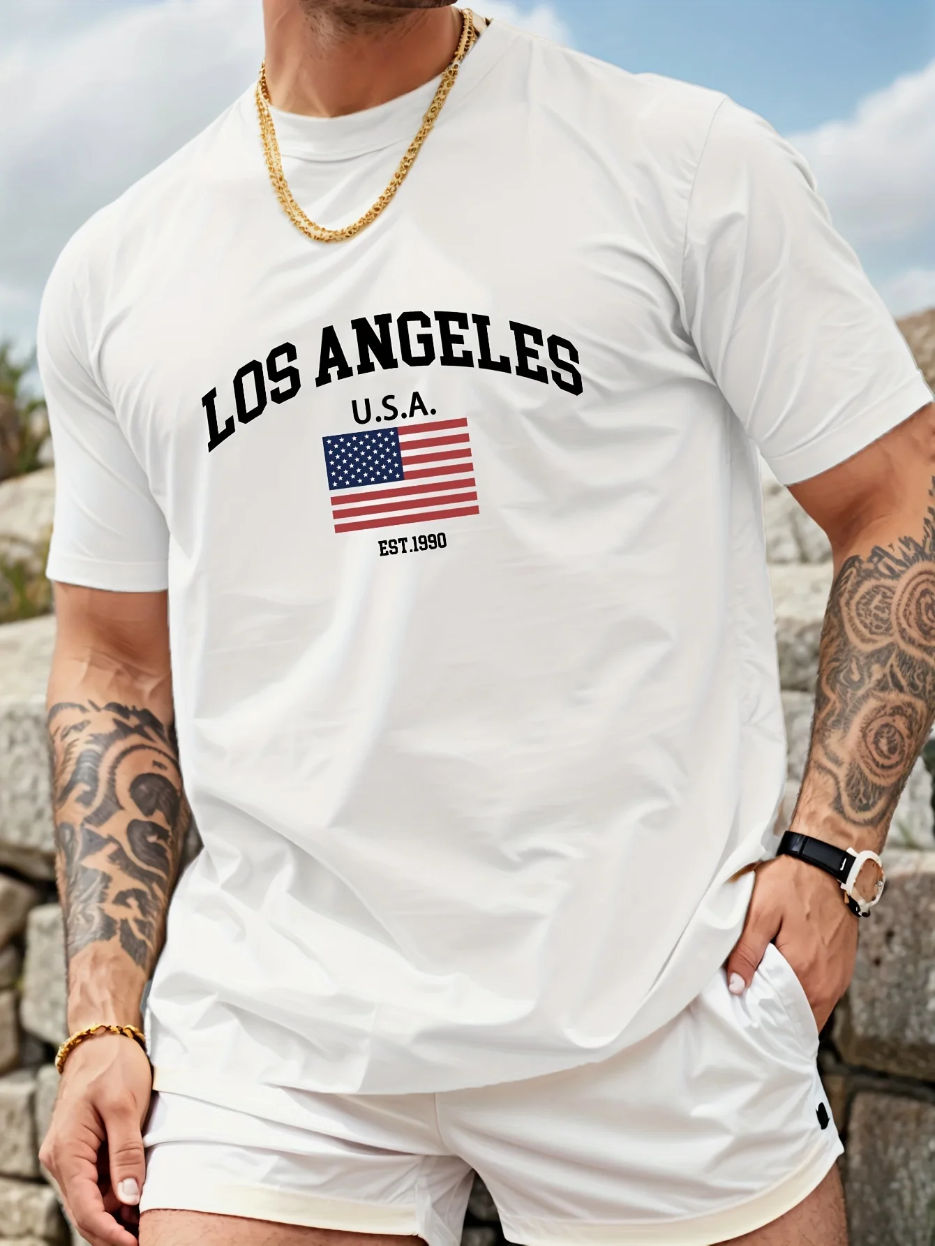 Vintage Los Angeles USA Flag Print on Premium 100% Cotton Mens T shirt Perfect for Summer West Coast Streetwear and Casual Style 4