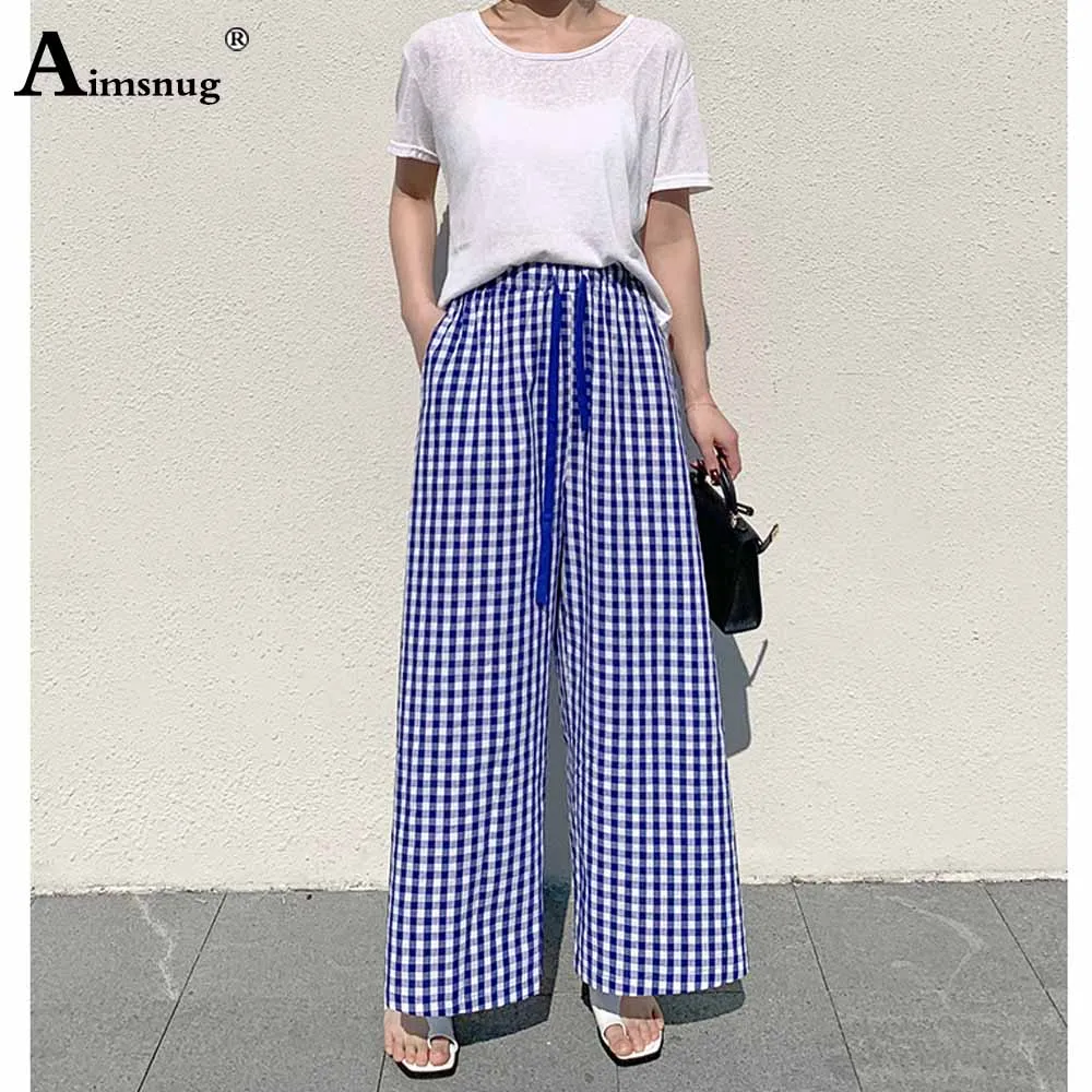 

Women High Cut Loose Style Pants Blue Green Plaid Pantalon 2023 New Summer Casual Stand Pocket Trousers Female Wide Leg Pants