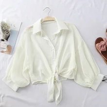  New 2022 Summer Half Sleeve Buttoned Up Shirt Loose Casual Blouse Chiffon Shirts Women Tied Waist Elegant Blouses for Women 