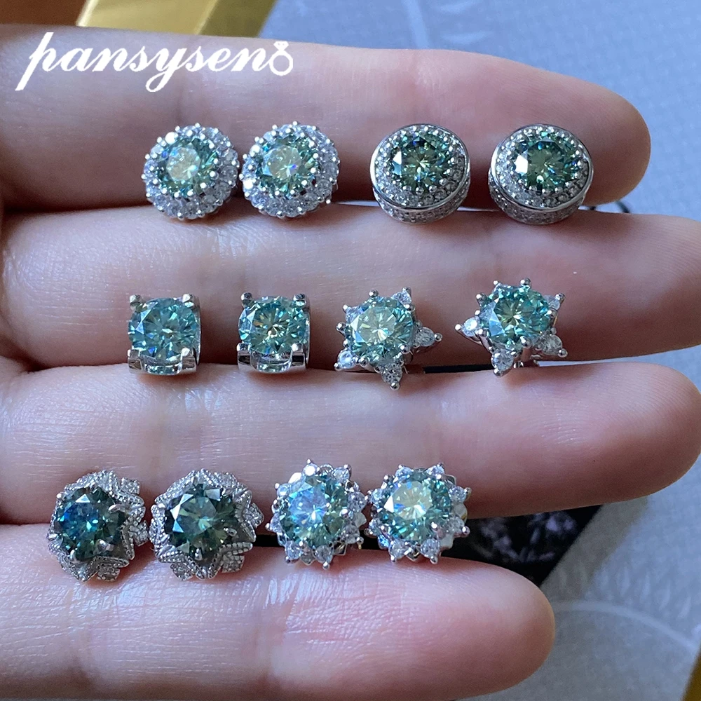 PANSYSEN 진짜 2 캐럿 블루 그린 Moissanite 스터드 귀걸이 여성을위한 최고 품질 100% 스파클링 결혼 선물