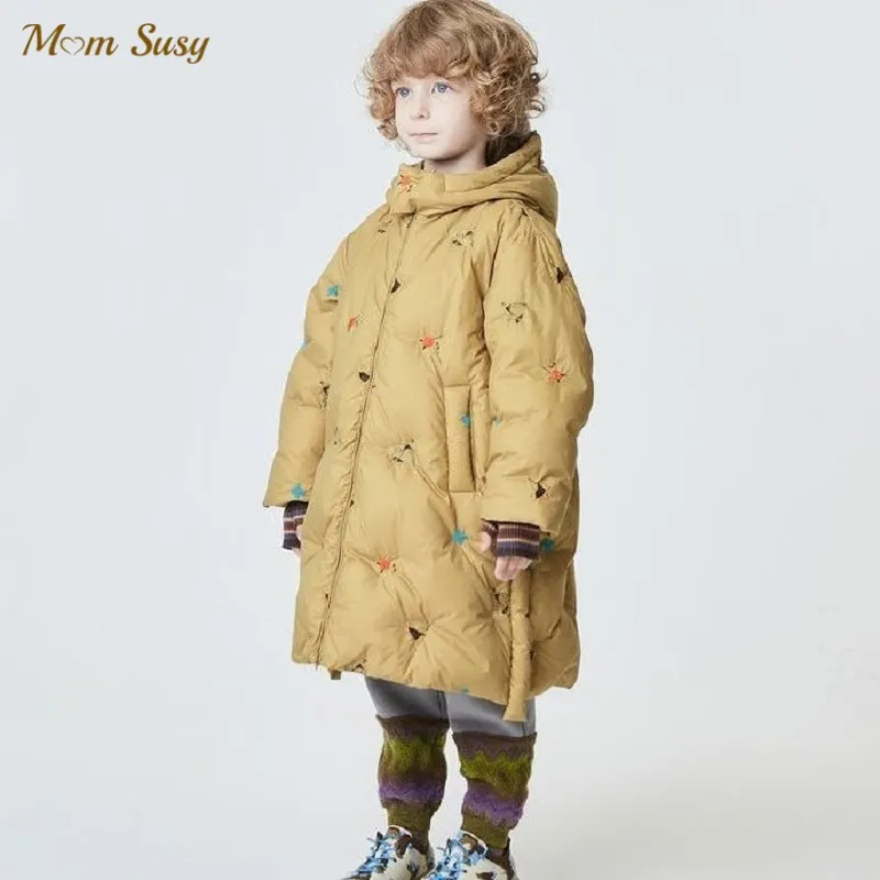Fashion Baby Boy Girl Cotton Padded Embroidery Long Hooded Jacket Winter Child Coat Warm Outwear Casual Loose Baby Clothes 1-14Y