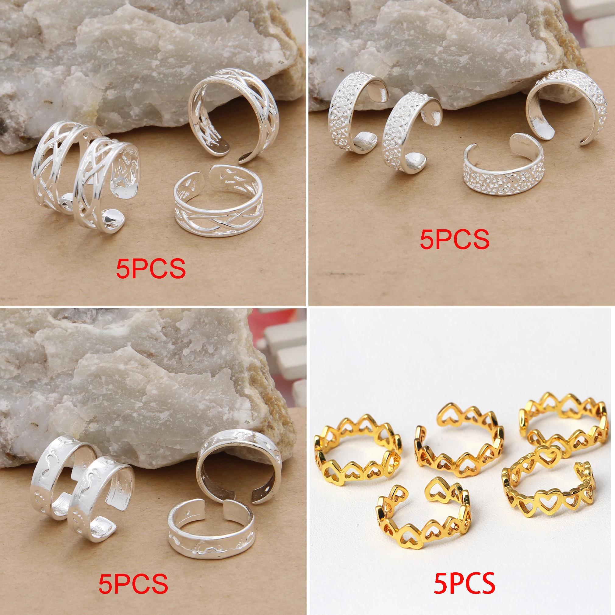 5PCS 925 Sterling Silver Cross Pattern Footprint Love Heart Leaf Toe Rings Adjustable