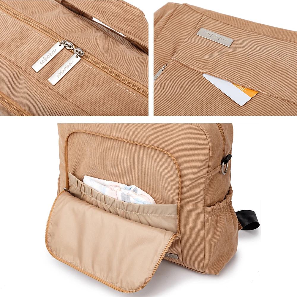 Soboba Corduroy Diaper Backpack for Mom Large Capacity Multi-function Nappy Changing Bag for Baby Care Winter New Diaper Bags 5