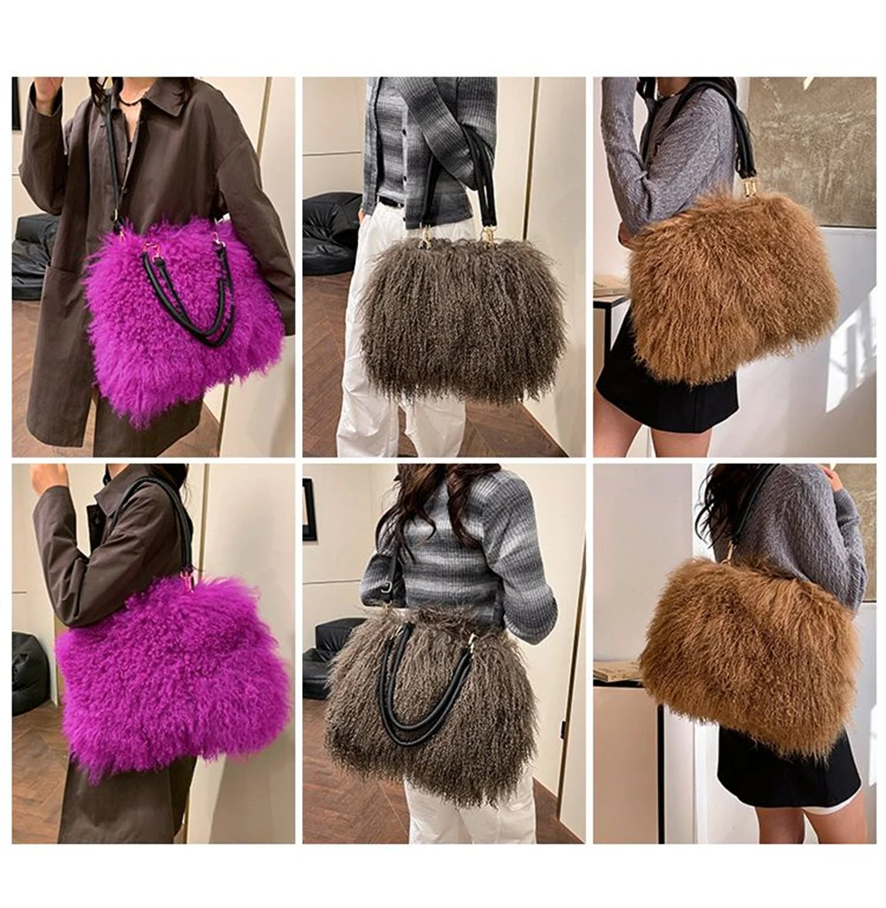 Modische Damen-Taschen aus echtem Fell, echte Mongolei-Lammfell-Taschen für Damen, große Kapazität, Handtasche für Damen, Taschen mit Tragegriff – Detail 1