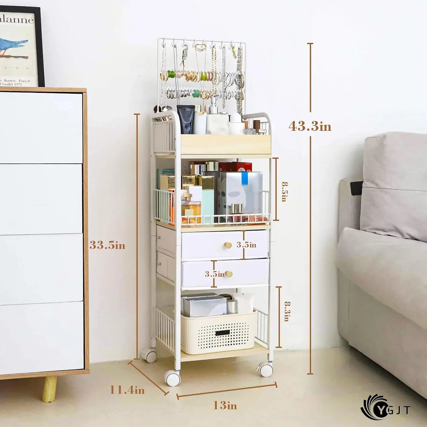 Makeup Organizer, Floor Skincare Cosmetics Organizer with Drawers, Jewelry Organizers and Storage for Earring Necklace 2