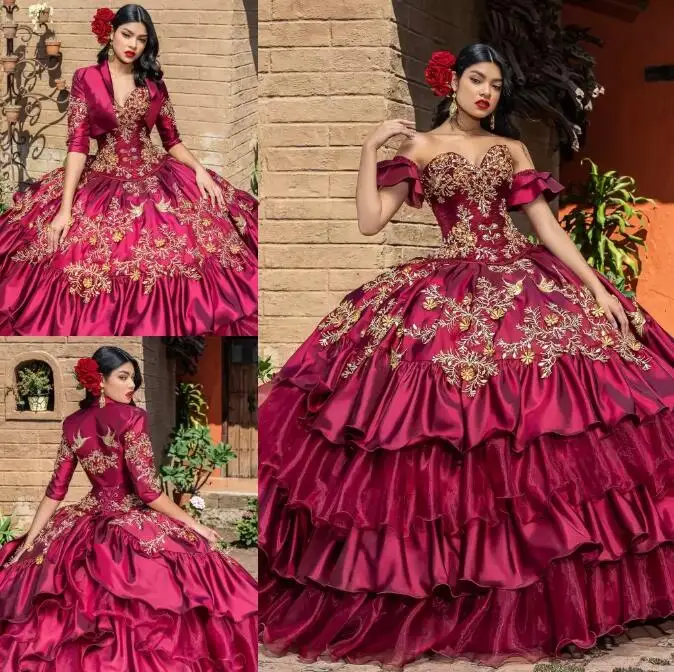 

Burgundy princess Quinceanera Dresses With Jacket Appliqued lace-up corset Sweetheart Tiered prom Sweet 15 Masquerade dress