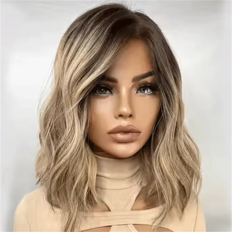 Synthetic Wig Natural Brown Rooted Honey Dirty Blonde Wig For Women Short Bob Lace Front Wigs Synthetic 13x4 Thick Density Wig on Net Topsale