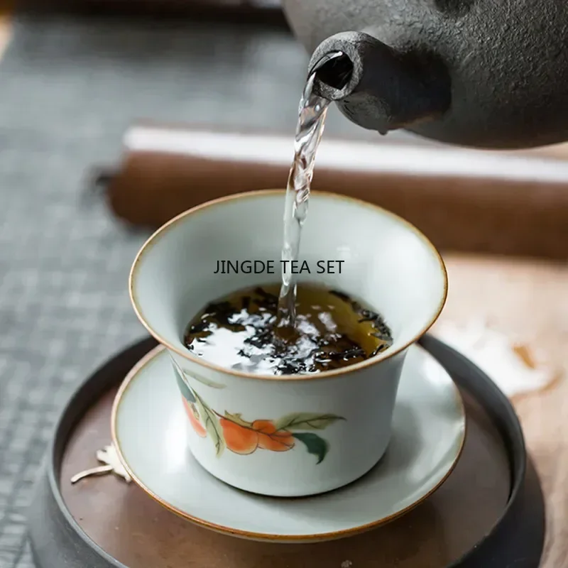 170ml Chinese retro Ru kiln tea cup handmade flower and bird ceramic tea bowl travel portable lid bowl