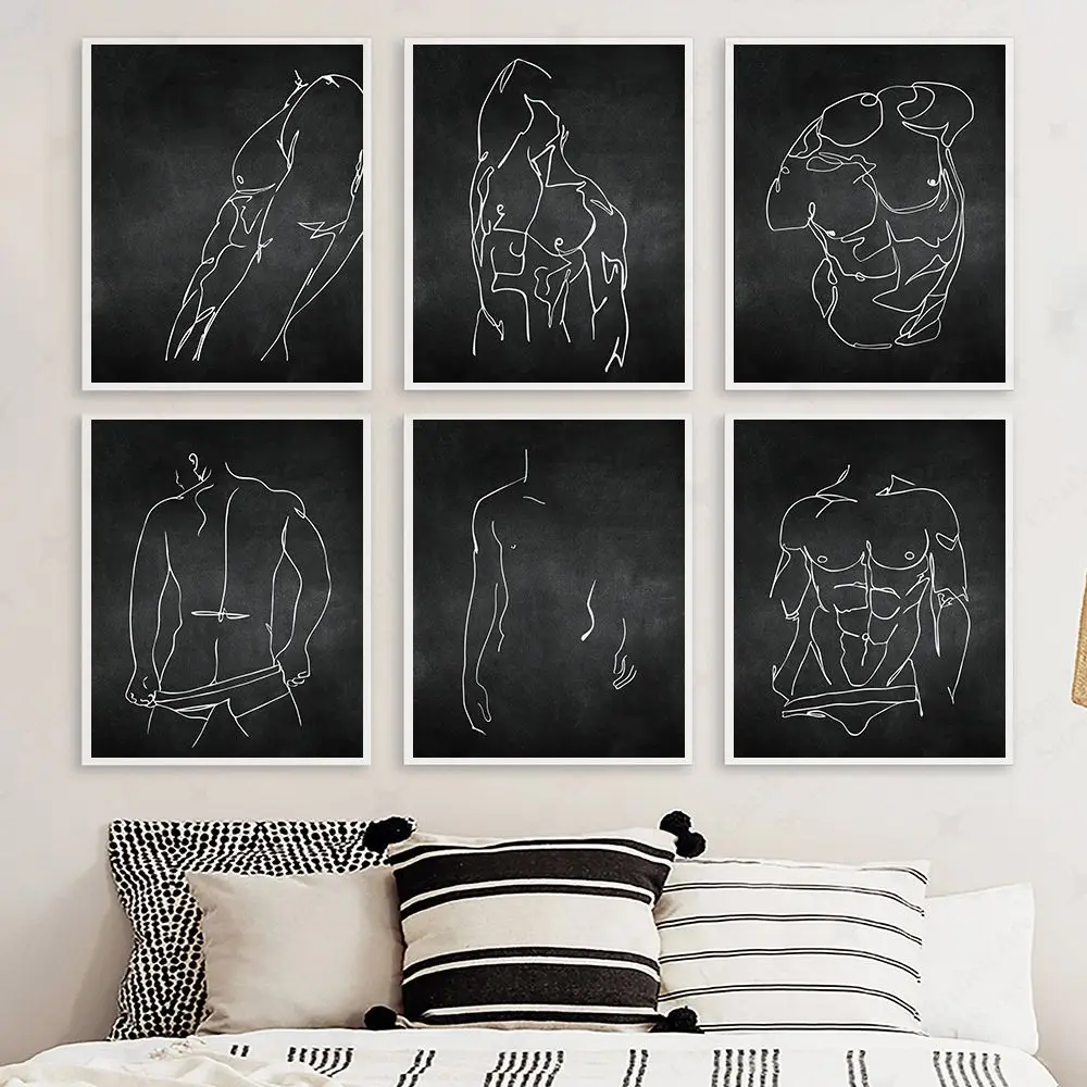 Sexy Man Naked Body Line Draw Wall Art Poster Print Black And White Canvas Nordic Minimalist Painting Picture Bedroom Wall Decor