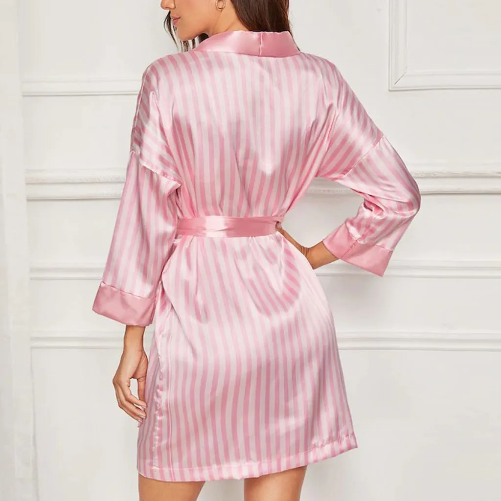 Women Pink Light Thin Nightgown Plus Size Sexy Lingerie Silk Stripe Robe Satin Bathrobe Sleepwear Pajamas