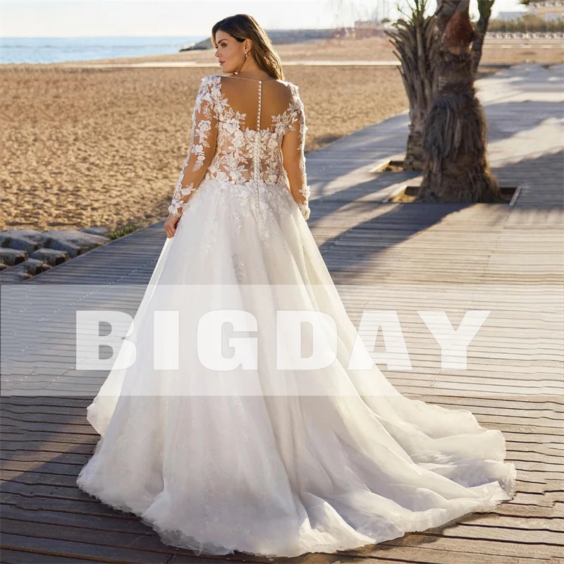 Robe de Mariée Trapèze Blanche en Dentelle, Grande Taille, Col en V, Manches sulf, Tulle, Dos aux, Patients, Balayage, Traîne, Élégante