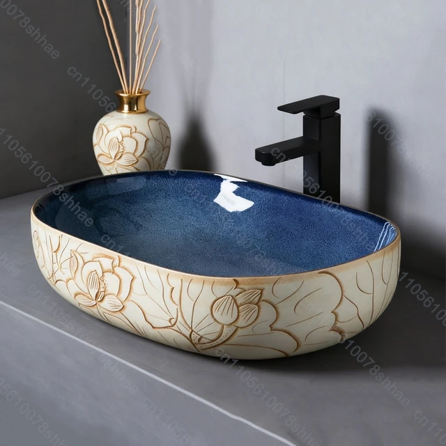 อ่างล้างหน้าเซรามิกสไตล์เรโทร อ่างล้างหน้าแบบวางบนเคาน์เตอร์ อ่างล้างหน้าดีไซน์ศิลปะสำหรับบ้าน อ่างล้างหน้าเซรามิกแบบวางบนเคาน์เตอร์ สไตล์วินเทจ 3