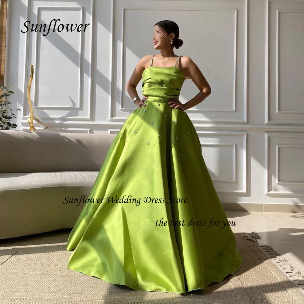 

Sunflower Fluorescent Green Strapless Evening Dress 2023 Slim Satin Beading Spaghetti Strap A-LINE Prom dress Floor-Length Dress