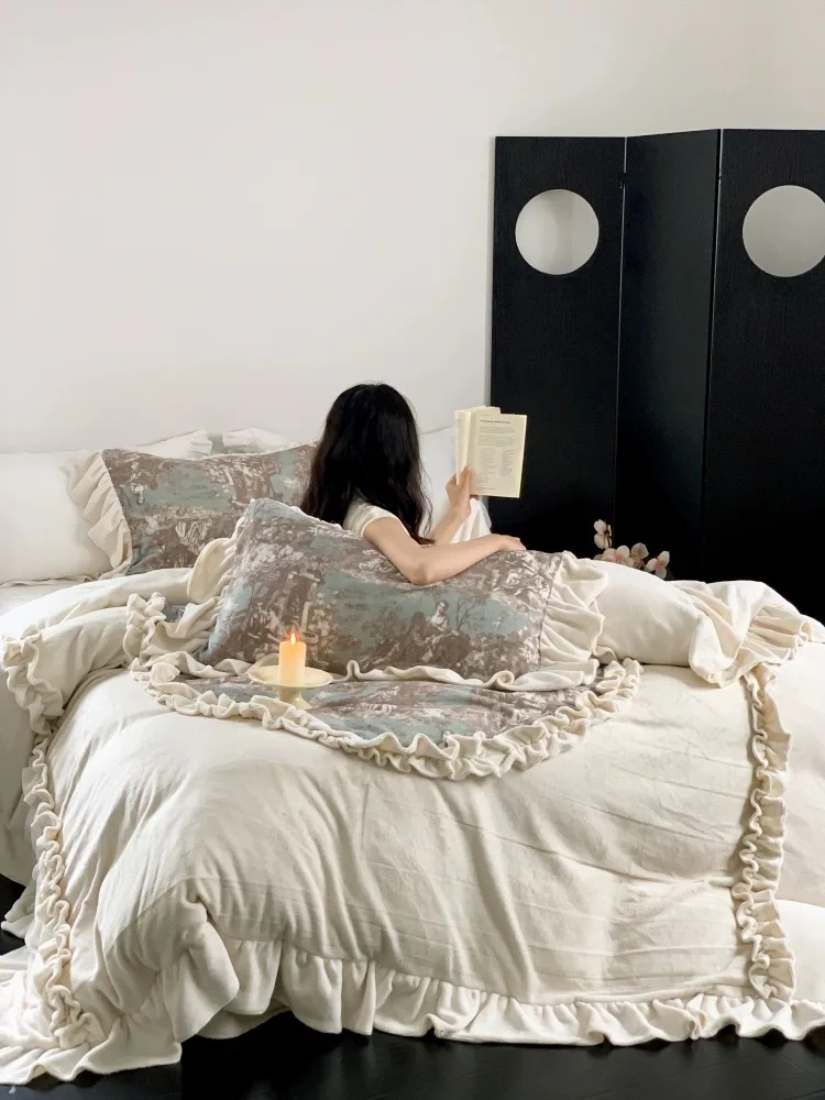 프린세스 스타일 코랄 플리스 침대 시트 및 이불 커버, 고급 프렌치 겨울 침대 린넨, 4 피스 세트