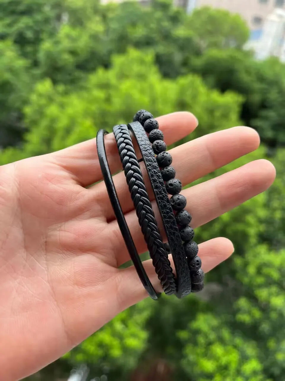 Beaded Bracelet Stone Bracelet Leather Bracelet Leather Bangle Stainless Steel Bangle Fashion Volcanic Stone Beaded Bracelet Mutilayer Braided Leather Bracelet For Men Stainless Steel Magnetic Bangle Jewelry Gift