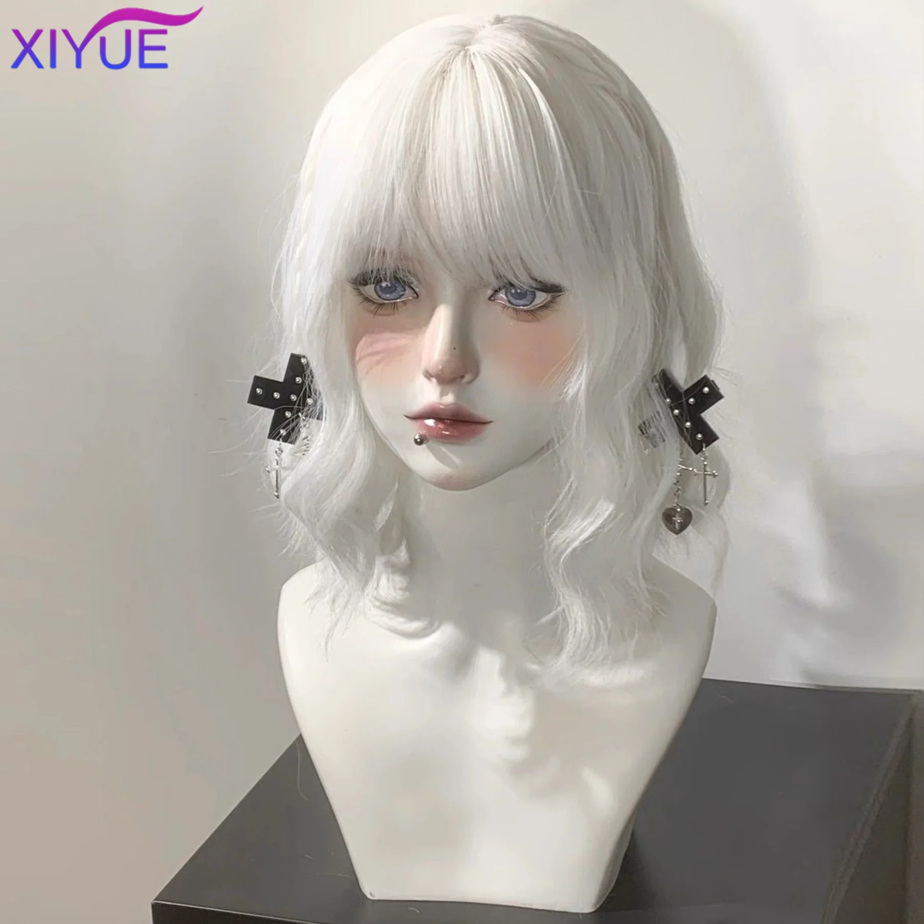 XIYUE Short Straight Bob Wigs for Women white Synthetic Natural Hair Wig with Bangs Heat Resistant Cosplay Daily Use Hair