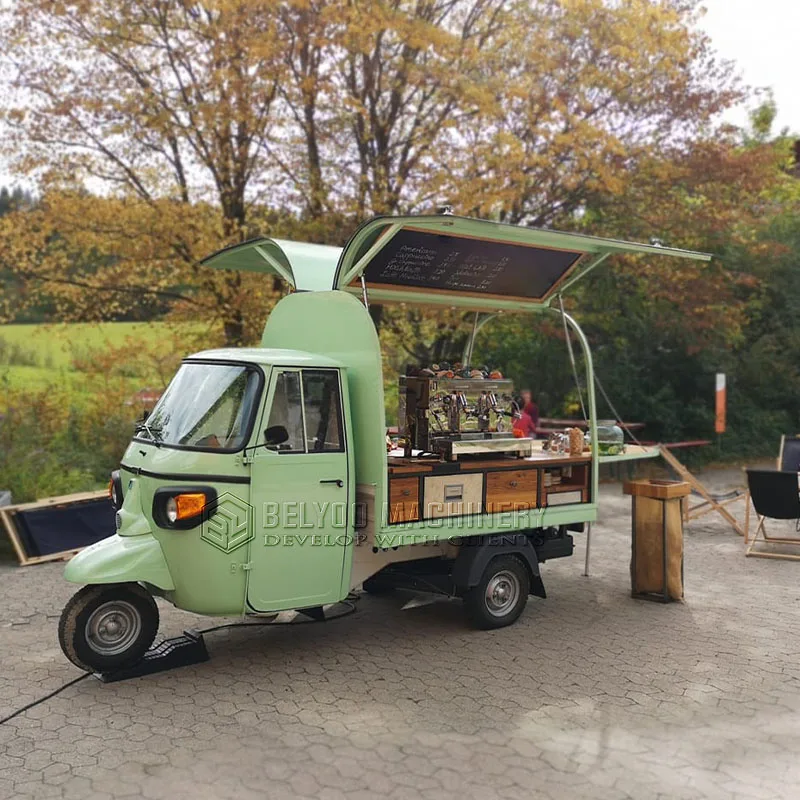 Belyoo 2025 Hot Selling Electric Tricycle Coffee Carts Beer Bar Tuk Tuk Beverage Ice Cream Truck Mobile Kitchen Ape Food Truck