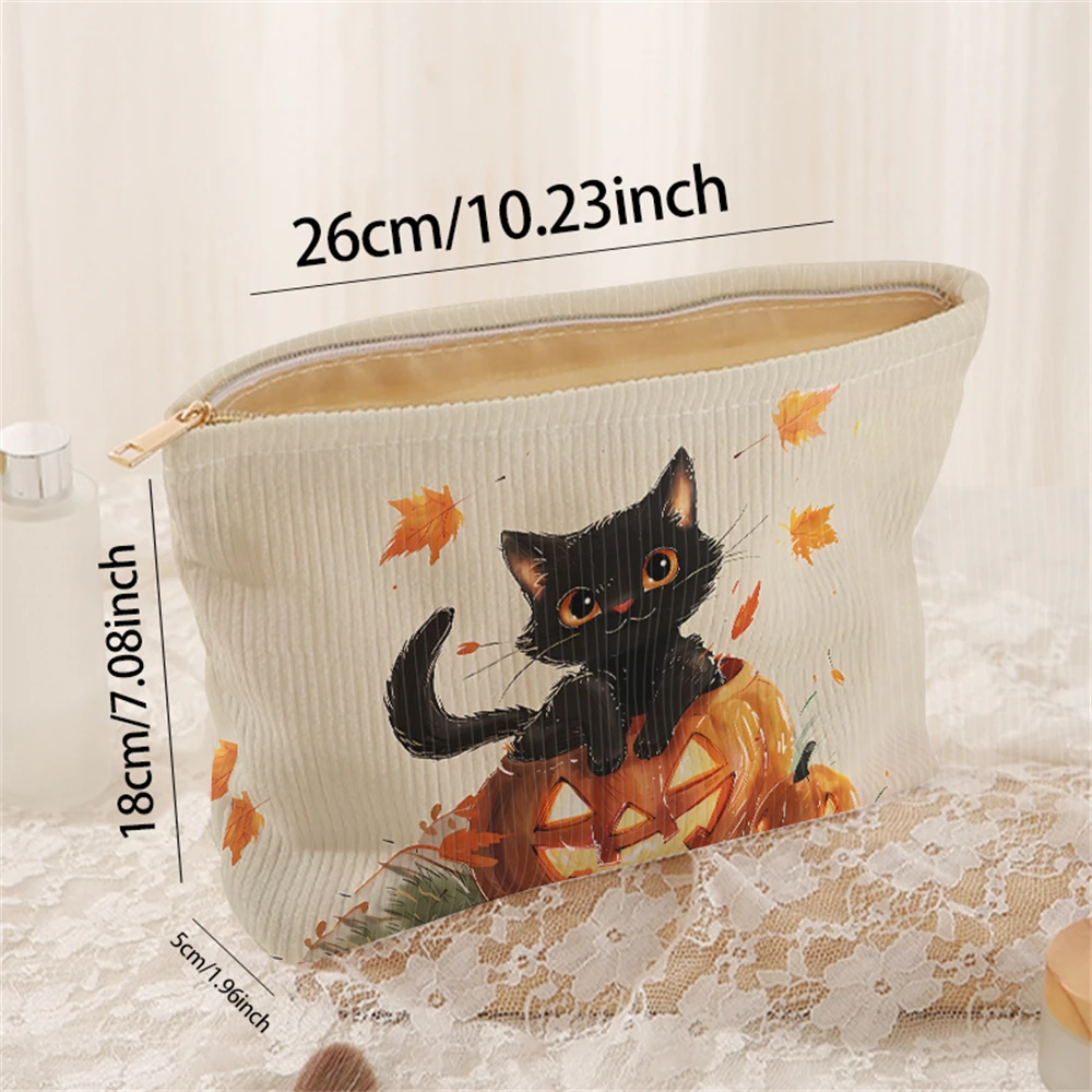 1 black cat and pumpkin patterned corduroy makeup bag, lightweight zipper makeup storage box, multifunctional bag with lining