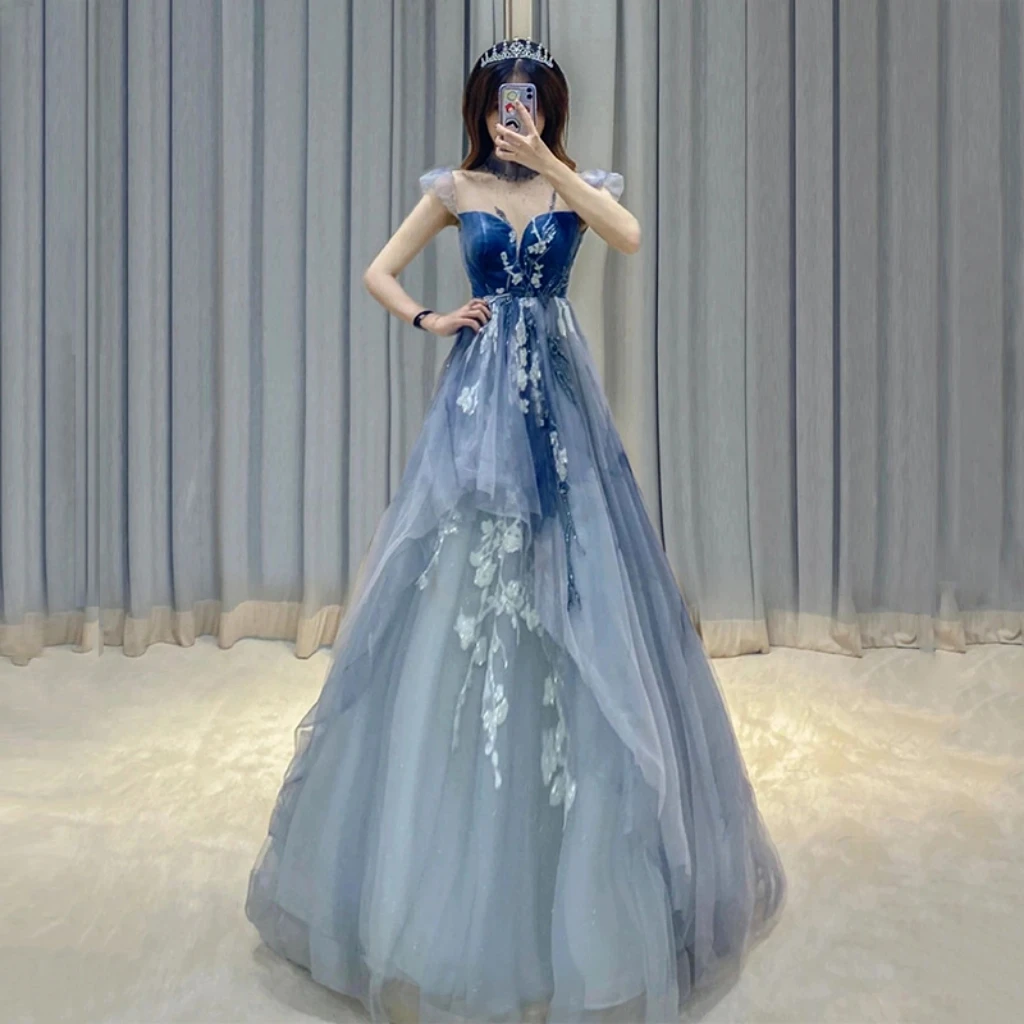 

Princess Elegant Blue Celebrity Dress High Neck Pleated A-Line Slim Embroidery Floor Length Formal Occasion Evening Party Gowns