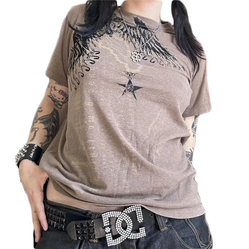 Camiseta Cyber Y2K de los años 2000 para mujer, con estampado de calavera, cuello redondo, manga corta, ropa estética E-Girl, ropa gótica para centro comercial, ropa urbana