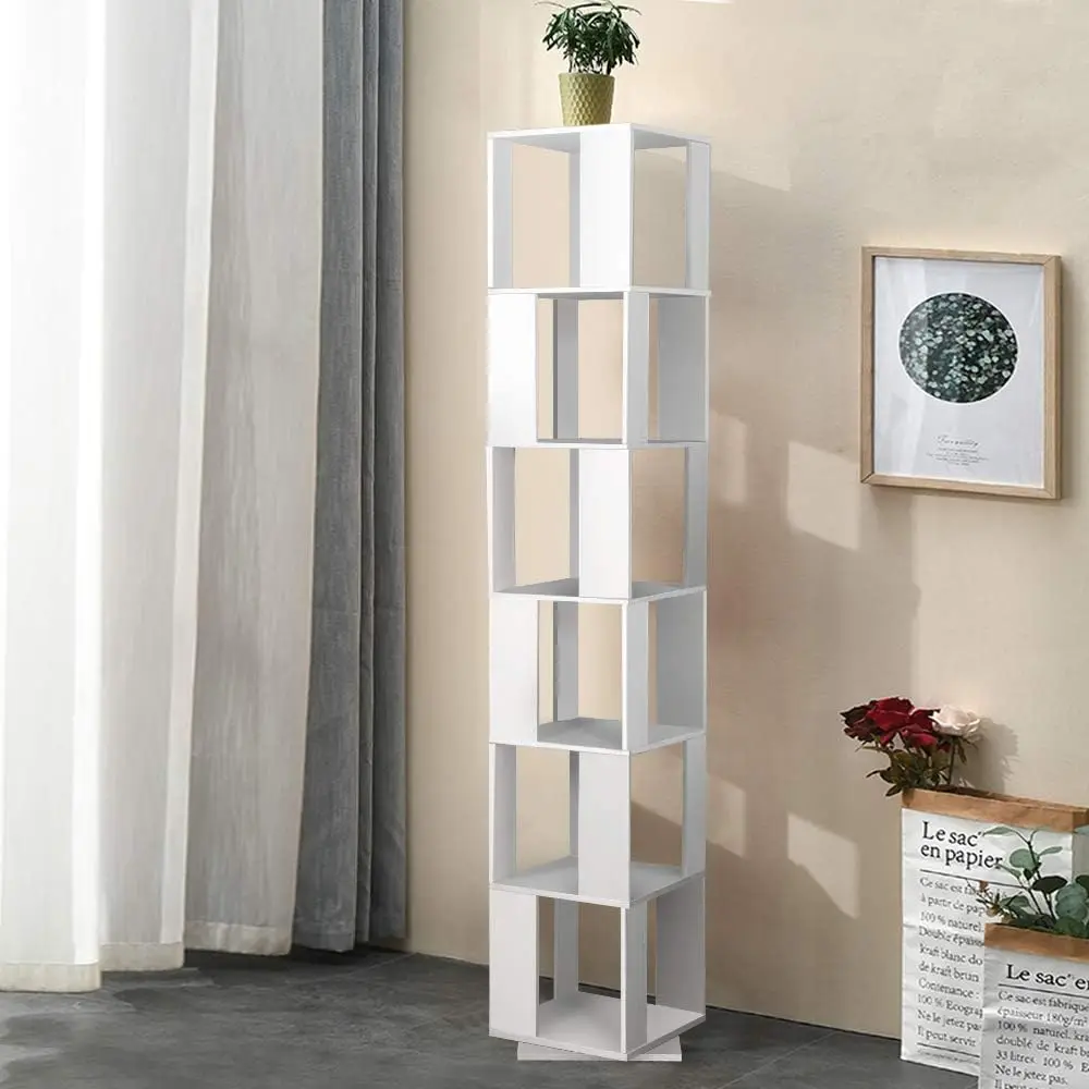 6 Tier Wooden Bookcase Corner Tall Book Shelf Modern 360° Rotating Storage Display Rack Floor Standing Shelves with Open Design