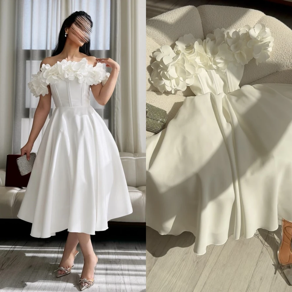 Prom Dress Saudi Arabia Satin Flower Draped Wedding Party A-line Off-the-shoulder Bespoke Occasion Gown Midi Dresses prom dress saudi arabia satin draped beading party a line off the shoulder bespoke occasion gown long dresses