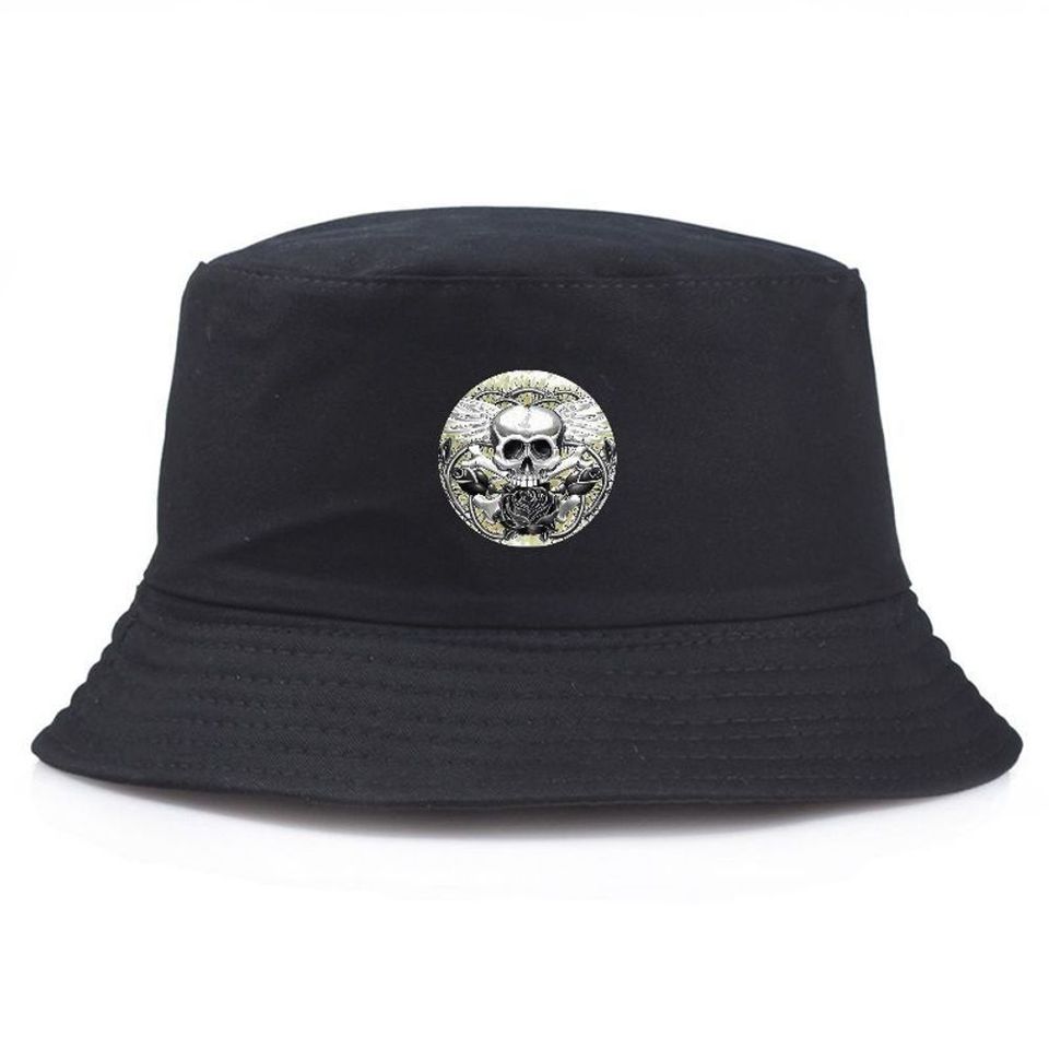 Black Bucket Hat with Skull & Rose Summer Fisherman Cap, Outdoor Fishing Hat for Men Women