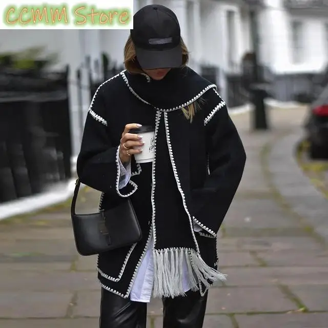 Hepburn Style Women Tassel Woolen Cape Coat With Scarf Retro Patchwork Long Sleeve Loose Outerwear Jacket Female Casual Overcoat